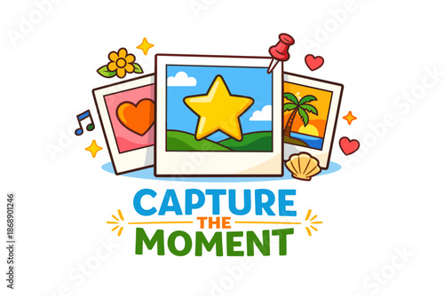 Colorful photo collage with star, heart, and palm tree illustrations