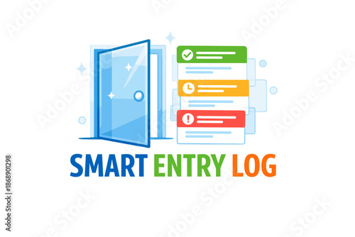 Smart entry log icon with open door and notification cards
