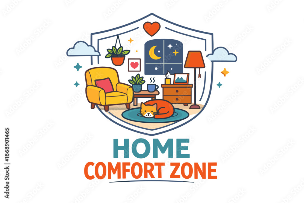 Obraz premium Cozy living space with sleeping cat and night sky view