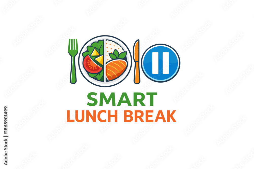 Obraz premium Smart lunch break logo with plate, fork, knife, and pause symbol