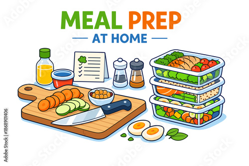 Healthy meal prep at home: fresh ingredients and organized containers