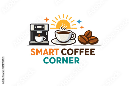 Smart coffee corner: modern coffee machine and cup with coffee beans
