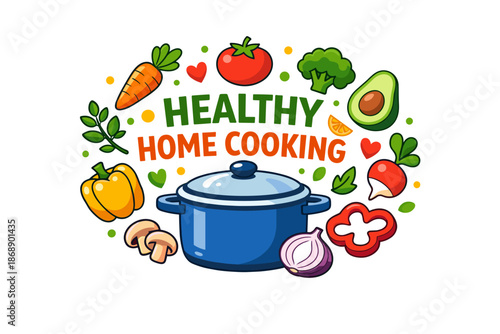 Healthy home cooking: vegetables, pot, tomato, avocado, broccoli