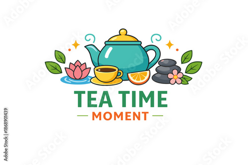 Colorful teapot with tea cup, lotus flower, and citrus slice decorative illustration