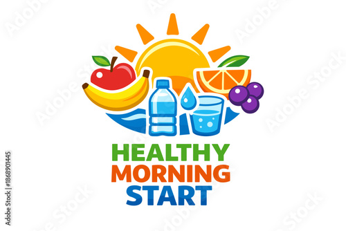 Healthy morning start: fruits, sun, and hydration icon
