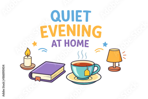 Cozy evening with tea, book, candle, lamp - relaxing home ambiance