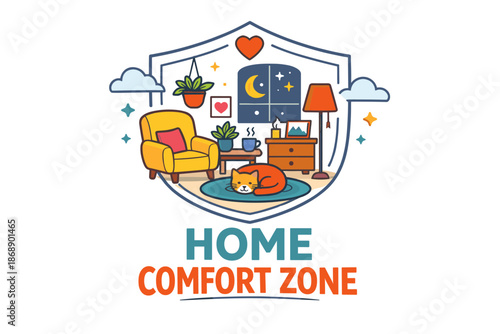 Cozy living space with sleeping cat and night sky view