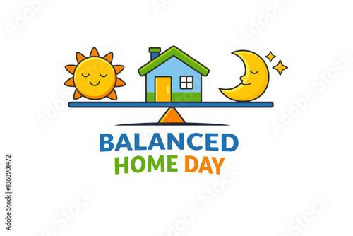 Balanced home day concept with sun, moon, and house on seesaw