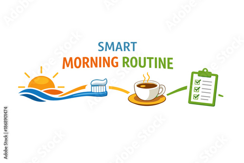 Smart morning routine: sunrise, toothbrushing, coffee, checklist for productive start