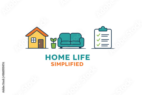 Simplify home life: cozy house, sofa, checklist illustration