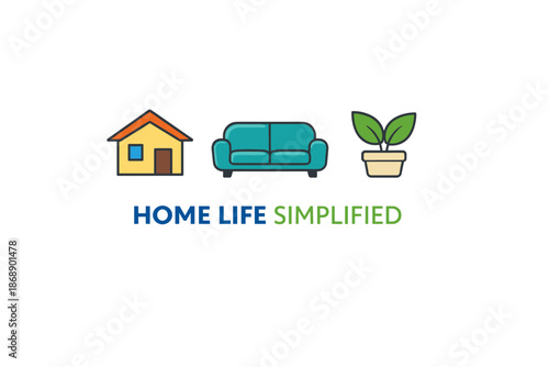 Simplified home life: house, sofa, plant icons on white background