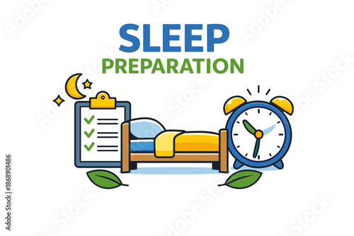 Sleep preparation tips with checklist, bed, and alarm clock
