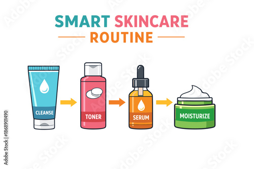 Smart skincare routine: cleanse, tone, serum, moisturize steps illustrated