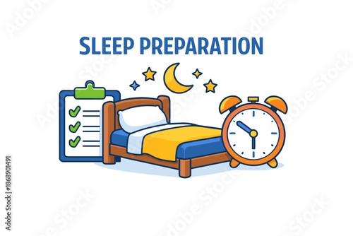 Sleep preparation concept with bed, checklist, and alarm clock for restful nights