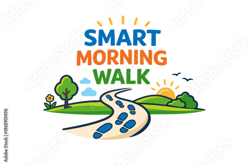 Smart morning walk logo with sunrise and footprints in a scenic landscape