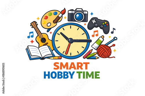 Smart hobby time: creative activities design with clock, guitar, palette, camera, game controller