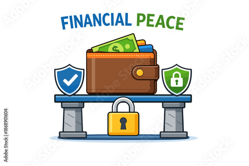Financial peace: secure wallet with cash and digital protection icons