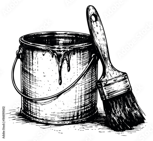 Hand drawn line art illustration of a paint can and brush depicting essential tools for home improvement