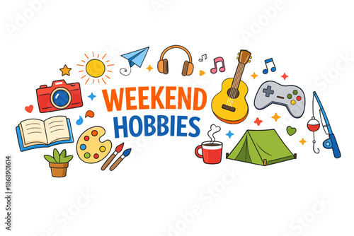 Weekend hobbies icons: music, camping, art, reading, photography, fishing