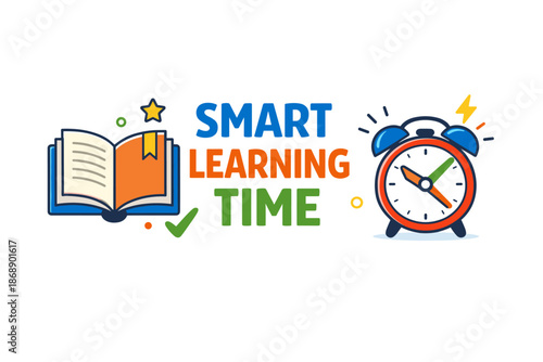 Smart learning time concept with open book and alarm clock illustration