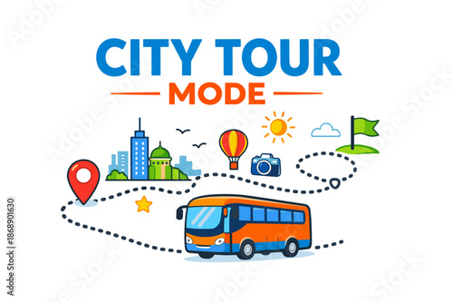 City tour mode: scenic bus journey with landmarks and camera icon for sightseeing enthusiasts