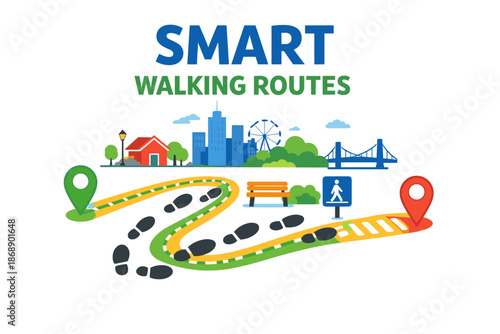 Colorful city graphic illustrating smart walking routes and urban landscape