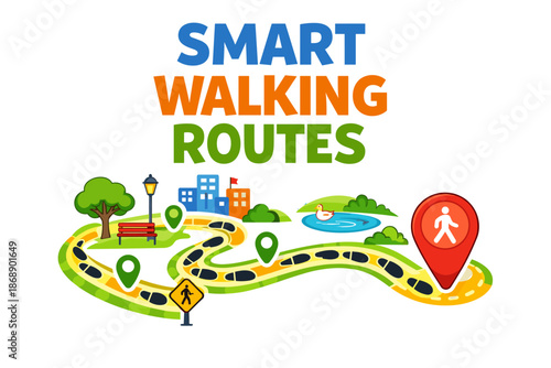 Smart walking routes: interactive map interface with various landmarks and icons