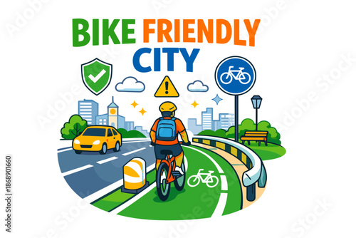 Bike-friendly city concept: urban cycling path with safety measures
