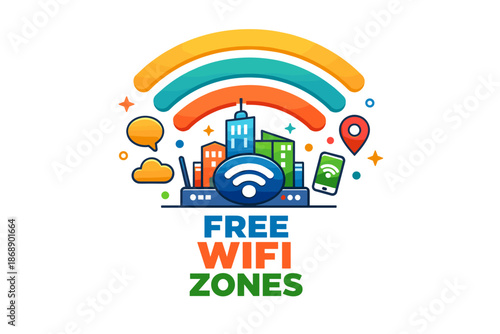 Colorful urban free wifi zone icon with buildings and wireless symbol