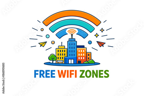 Urban landscape with free wifi zones sign and colorful buildings