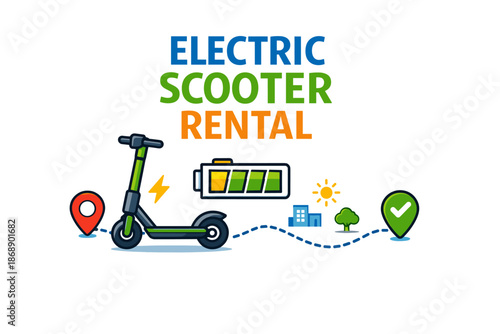 Electric scooter rental concept with icons of battery, map, and location markers