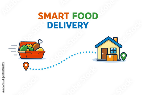 Smart food delivery concept with route from meal to home
