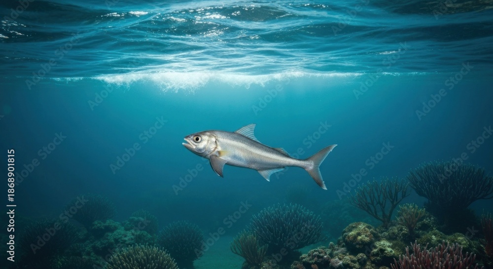Fototapeta premium Underwater shot of a fish in a coral reef environment. Sunlight streams from above