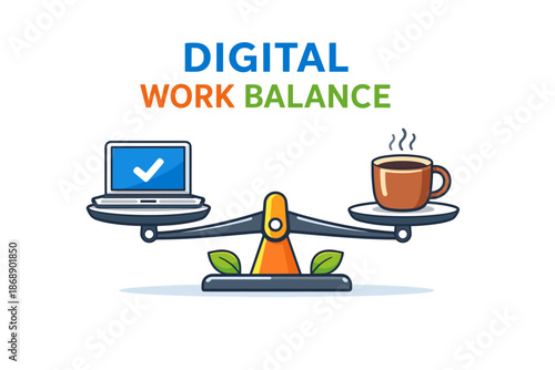 Digital work-life balance concept with laptop and coffee on scales