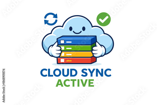 Cloud sync active icon with smiling cloud character and data storage