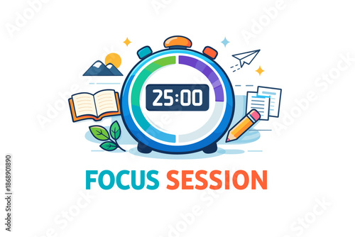 Colorful timer with 25 minute countdown surrounded by study tools and nature elements