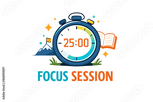 Pomodoro timer focus session with stopwatch and mountains illustration