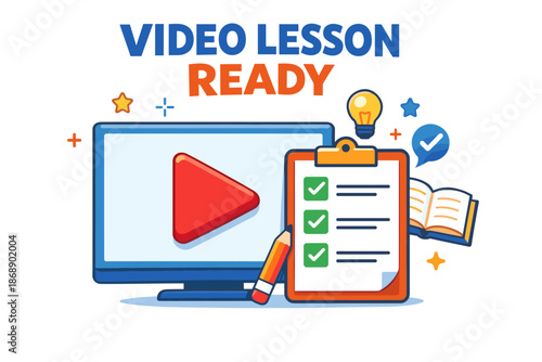 Online learning concept with play button and checklist