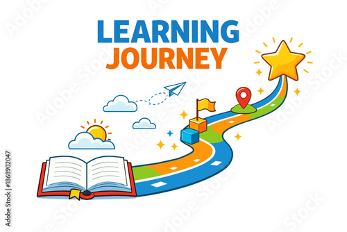 Illustration of learning journey with book, road, and star concept