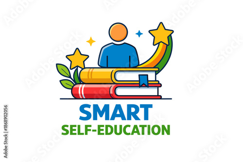 Colorful illustration of smart self-education with books and stars