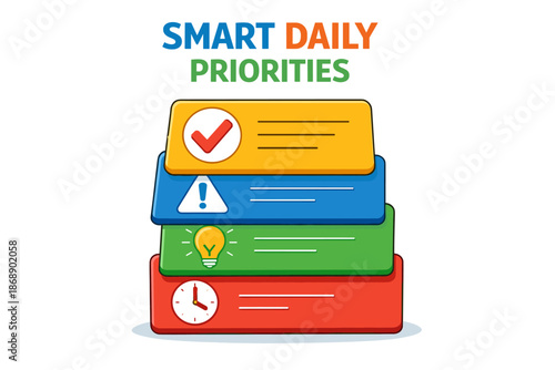 Smart daily priorities concept with checklist, alert, bulb, and clock icons
