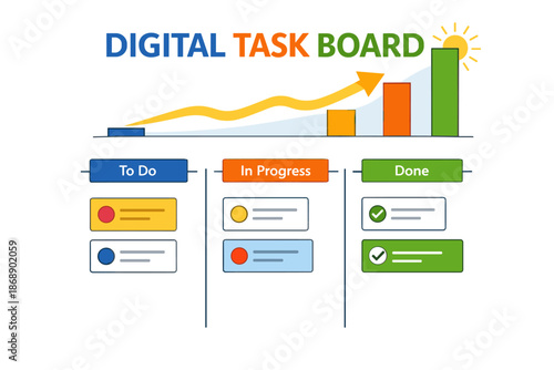 Digital task board with progress chart and task categories