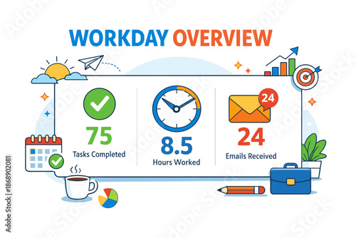 Colorful workday overview infographic with tasks, hours, and emails summary