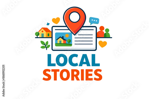 Colorful local community news icon with house and people graphics