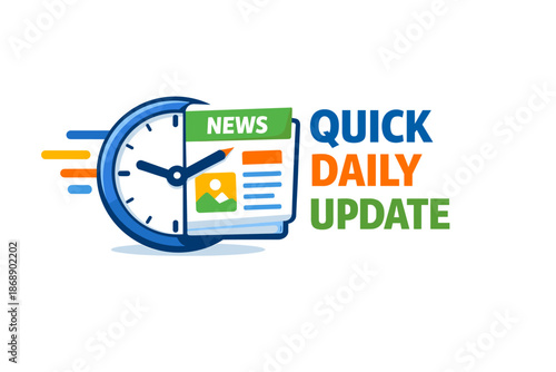 Quick daily update logo: fast news and information concept with clock and newspaper icon