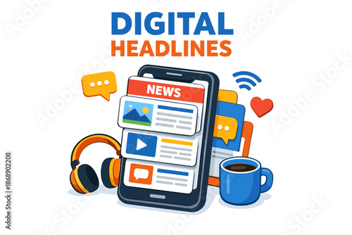 Digital news on smartphone with headphones and coffee cup illustration