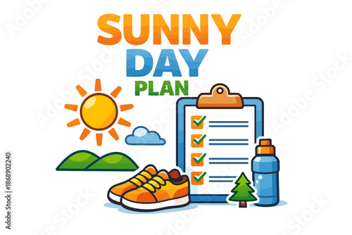 Sunny day plan: checklist with shoes, sun, and water bottle