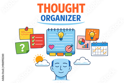 Mind planning concept with diverse icons and thoughtful elements