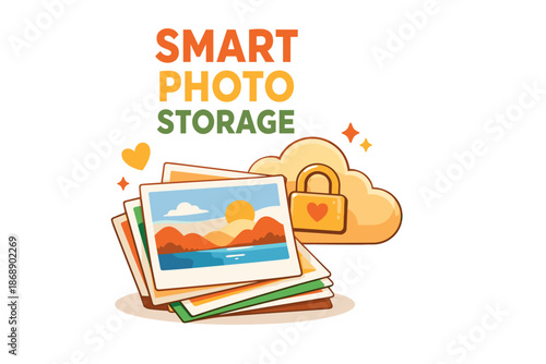 Digital photo storage with cloud security and image stacking illustration