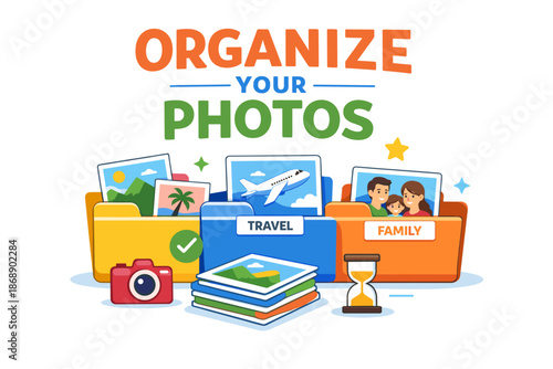 Organize your photos: travel and family memories with camera and hourglass